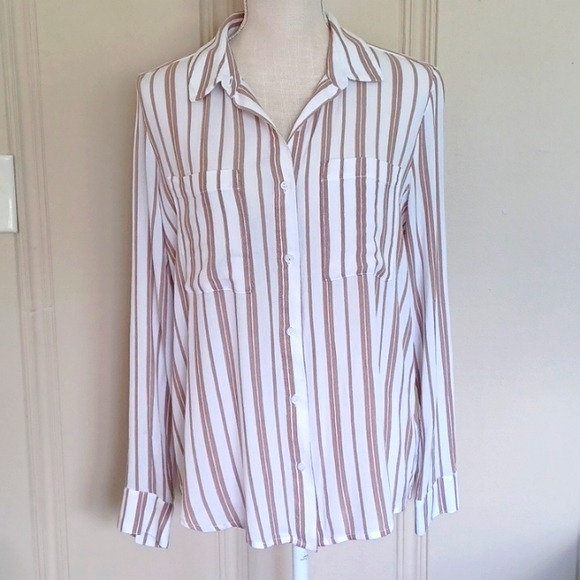 BP  Collared Button Down  Loose Fitting 100% Viscose Lt. Brown/White W-S Shirt - Picture 3 of 7